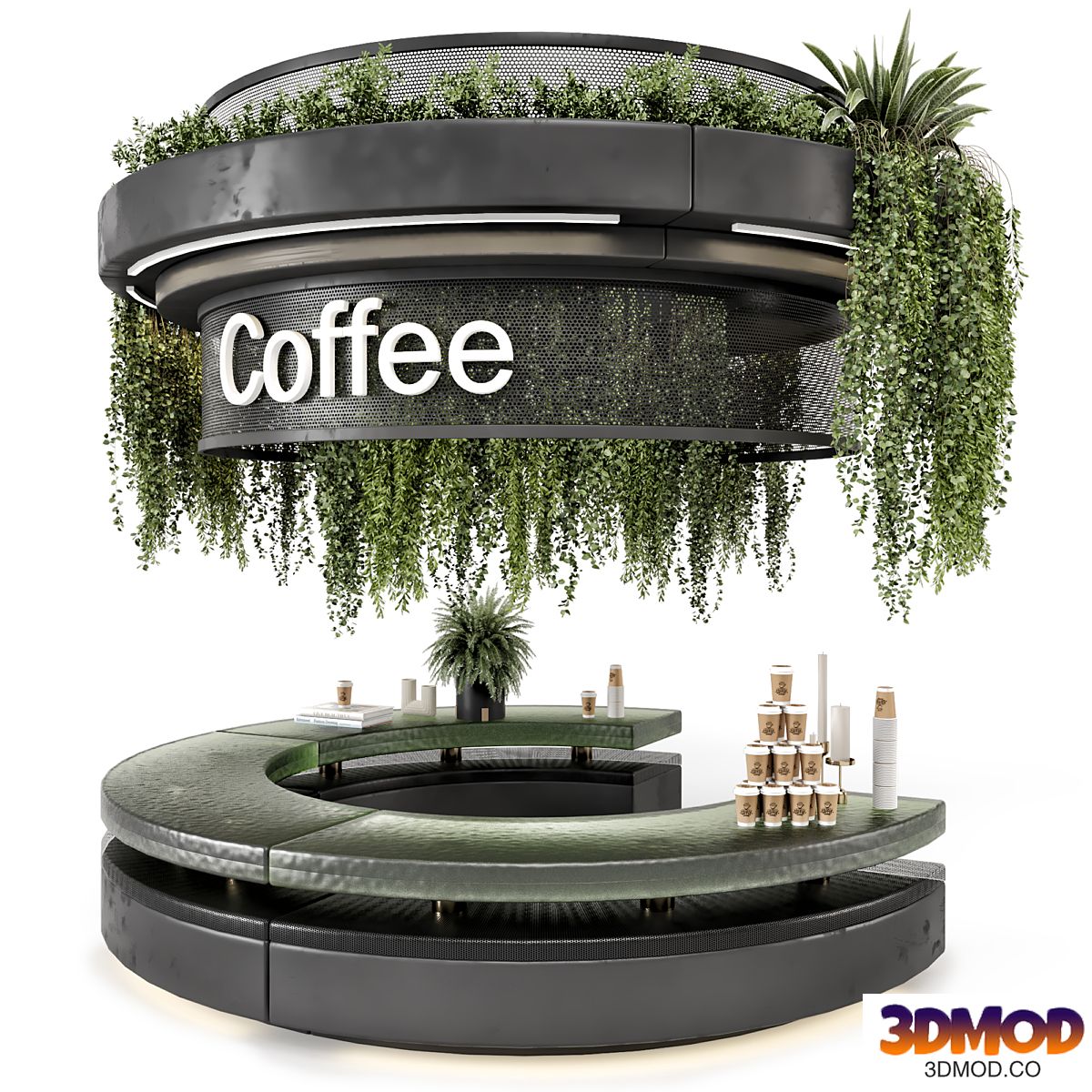 Coffee Reception Desk With Plants - Restaurant Set 1393 咖啡吧台
