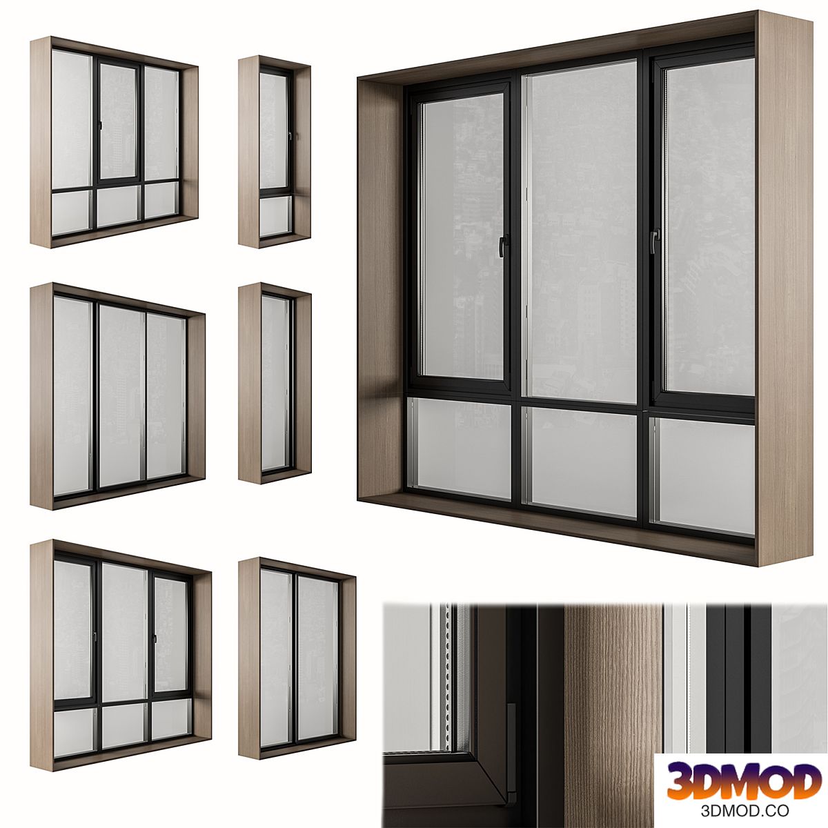 Black Modern Window with Wooden Frame - Windows Set 06