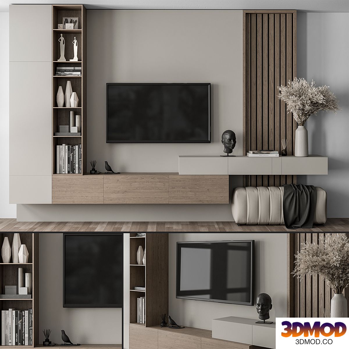TV Wall Gray and Wood with Hallway Cabinet - Set 37