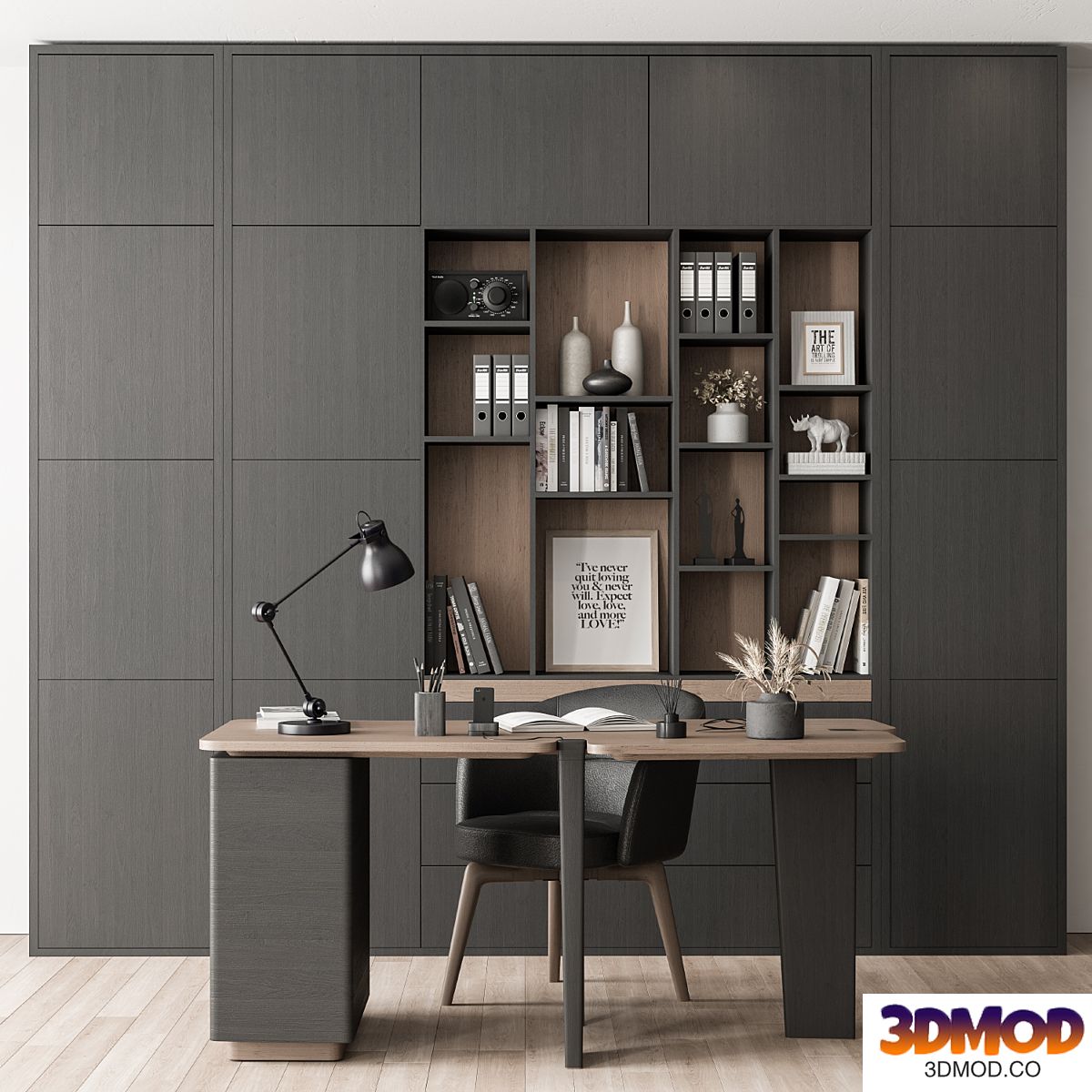 Home Office Desk and Library Gray Set - Office Furniture 286