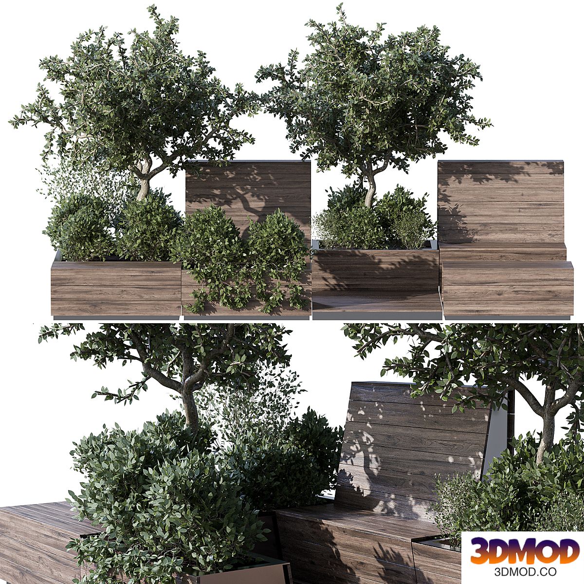 Parklet with bushes and trees - recreation area in the park and urban environment 植物盆栽