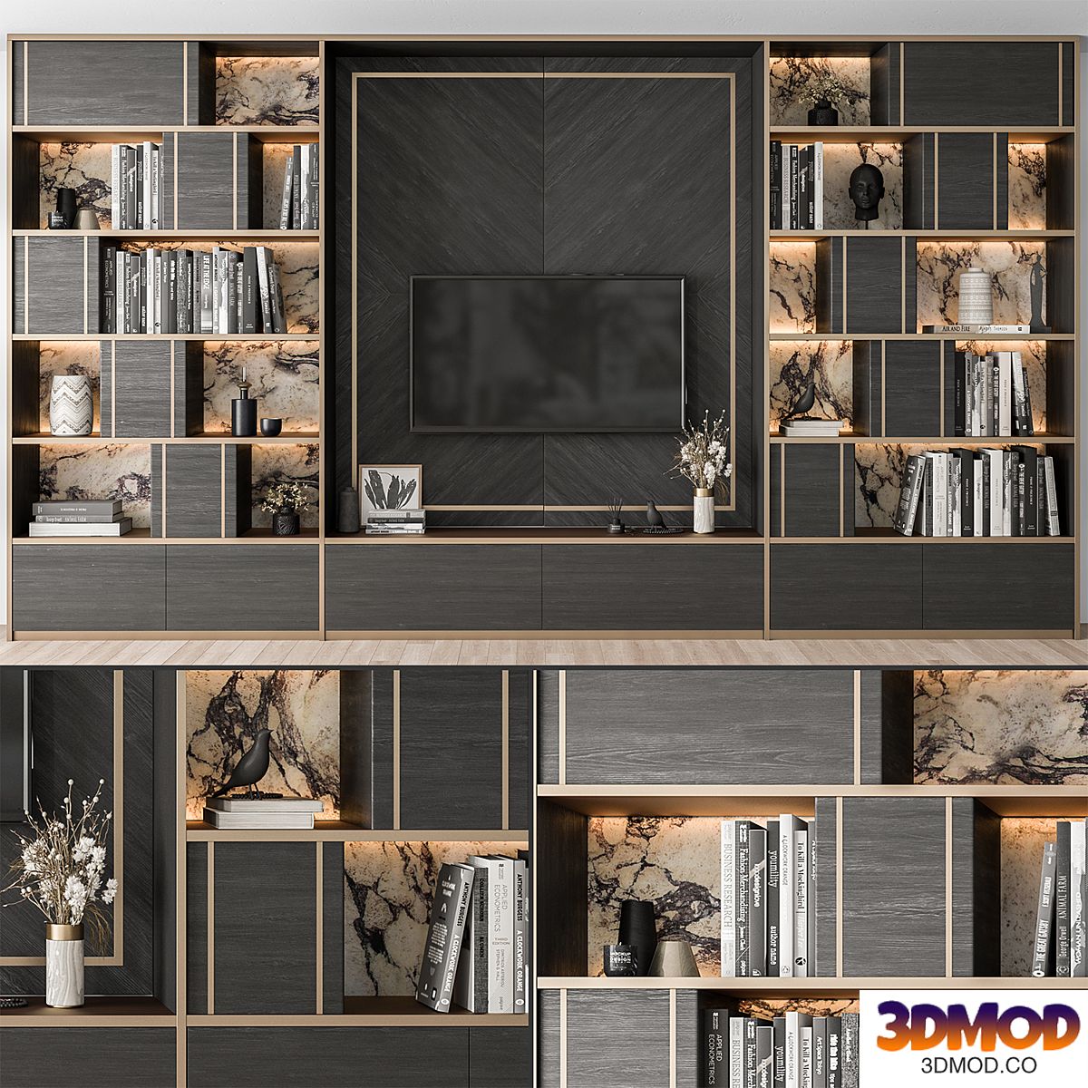 TV Wall Black Wood with Stone Slab - Set 32 电视背景墙