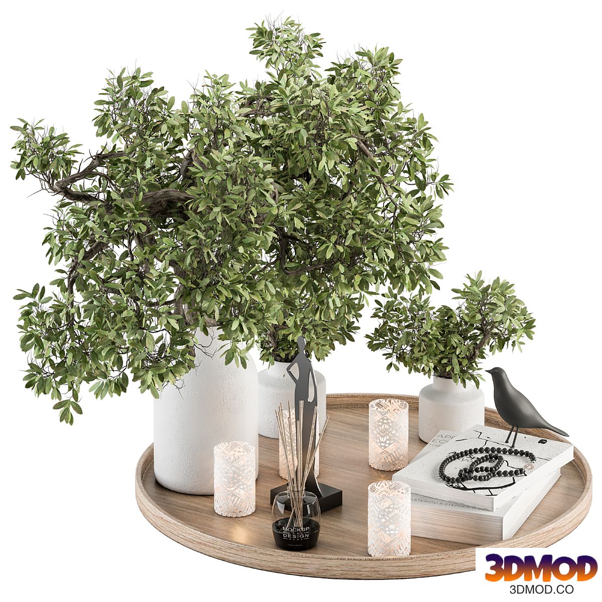 Wood and Green Decorative Set with Bouquet in Tray - Set 112