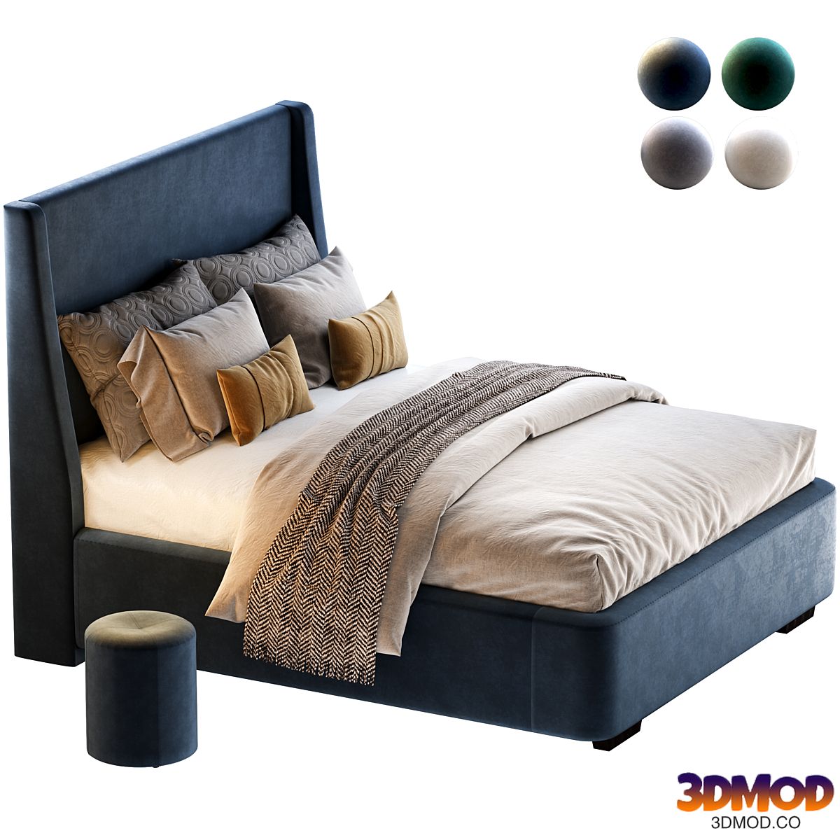 Bed Defense 160 Velvet Grey/emerald/sand/blue with pouffe Kofi Divanru