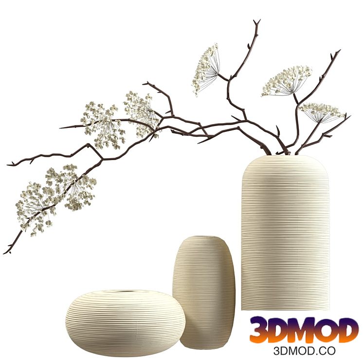 Bouquet of flowering branches in ceramic vases