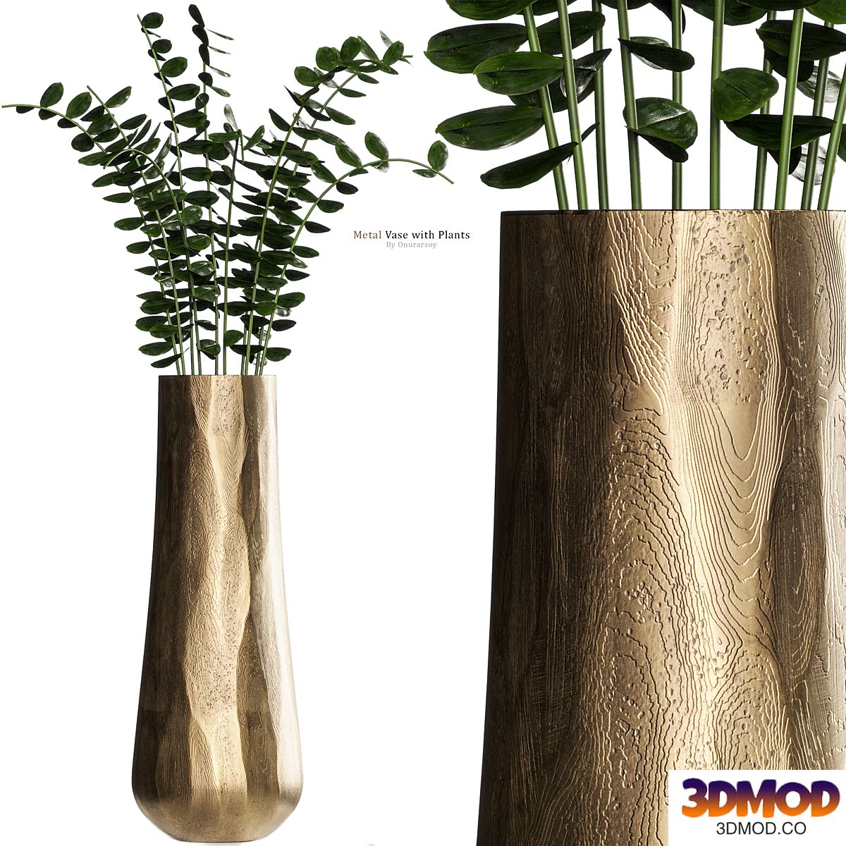 Metal Antiqued Brass Vase with Plant