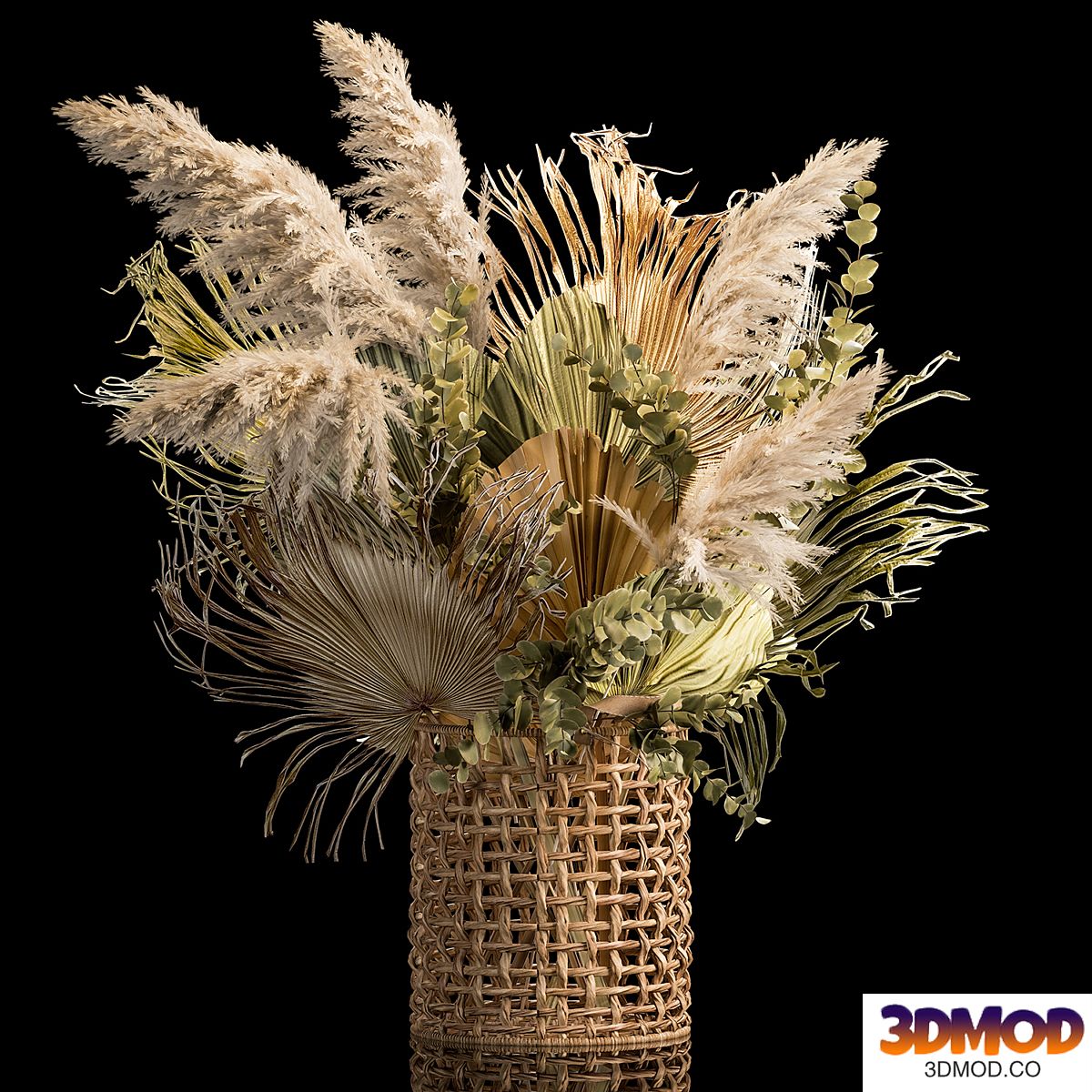 Installation bouquet pampas grass in a wicker basket of twigs, dry leaves, dried flower. 239.