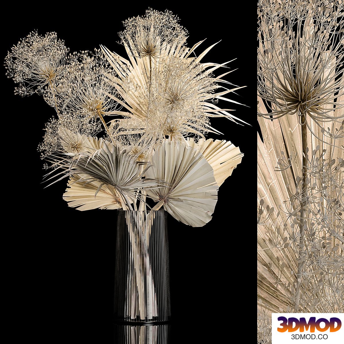 Bouquet 240. Dried flower, luxury decor, twigs, vase, hogweed, twigs, dry palm leaf, dry, stabilized, painted, Bouquet of bleached dry flowers