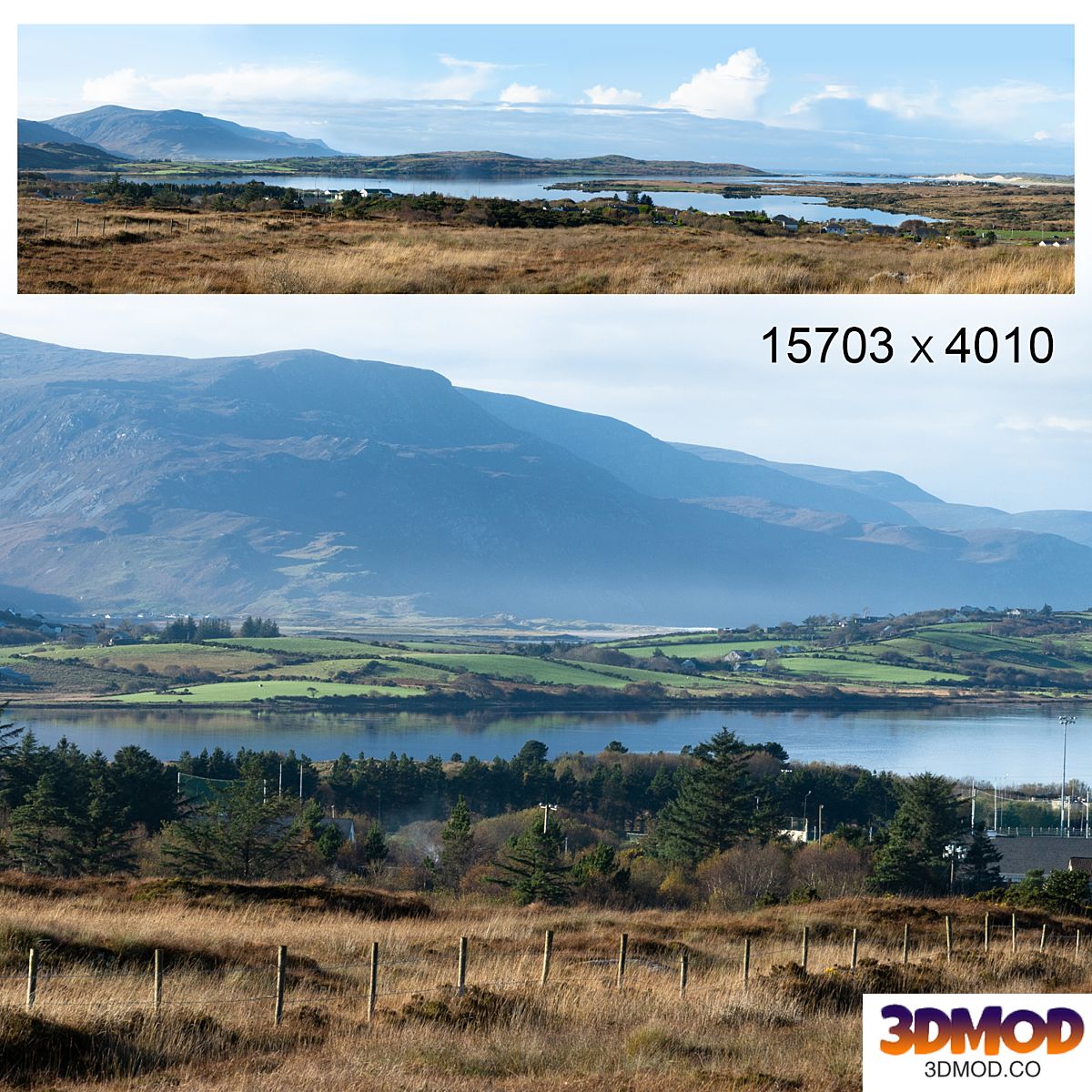Autumn panorama. Northern Ireland. View of the mountains and the bay.