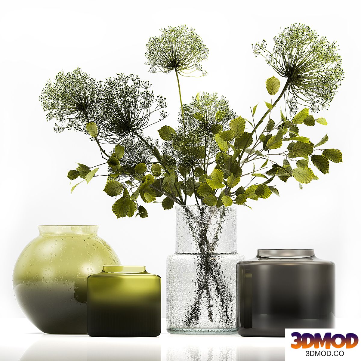 Spring bouquet of green flowers in a glass vase ikea, ikea with hogweed, branches, leaves. 250