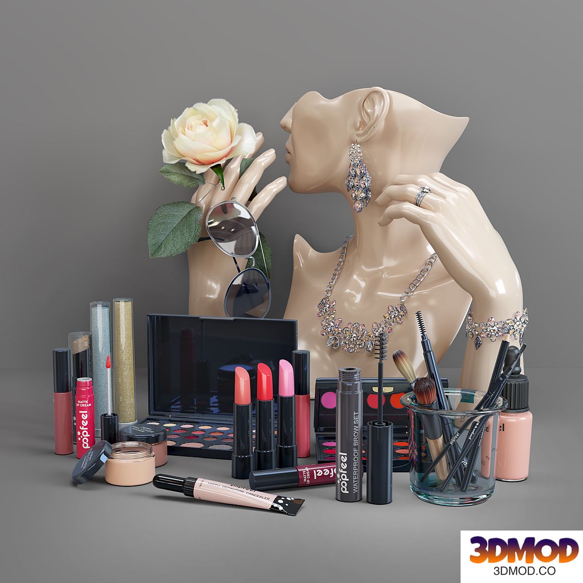 set of cosmetics and jewelry for the dressing table