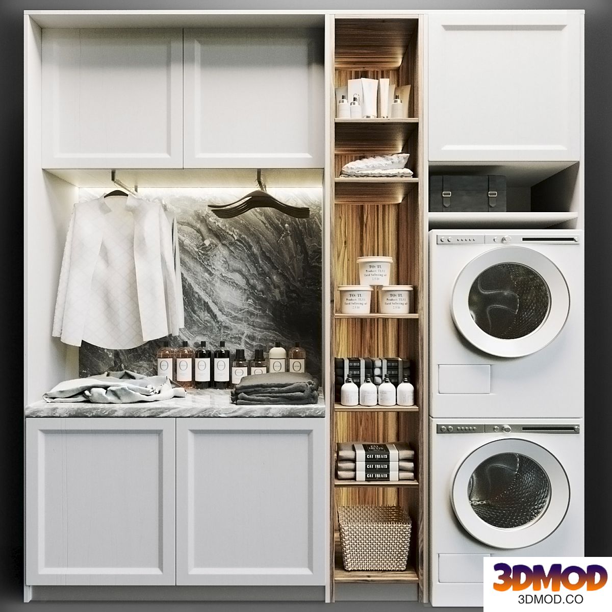 Laundry room in white with household appliances, cosmetics and clothes 8