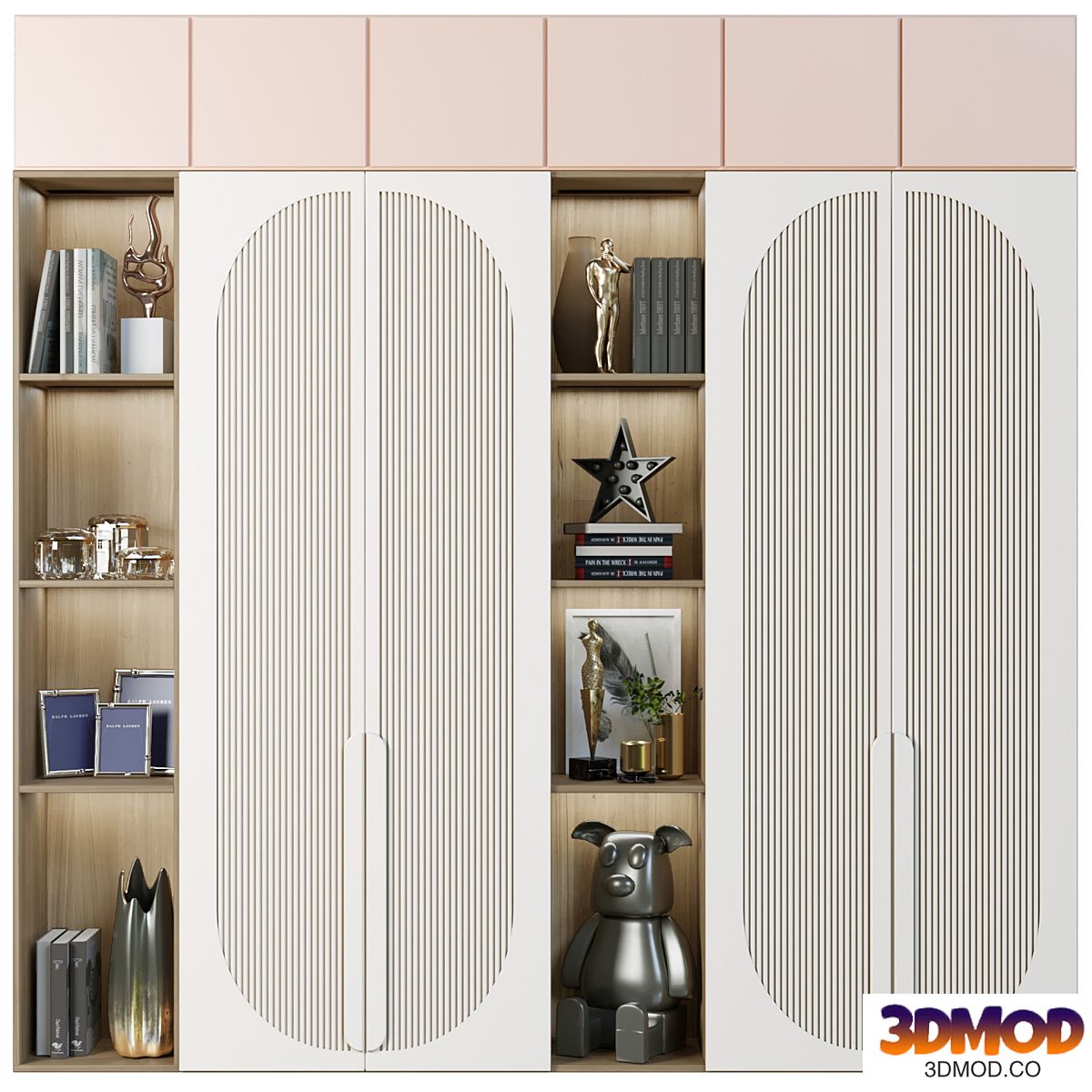 Wardrobe with decor, books and figurines in the nursery