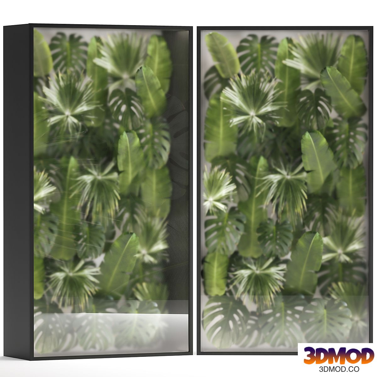 Phytowall and phytobox made of banana palm branches and fan palm leaves in a niche behind a translucent stack. 70.