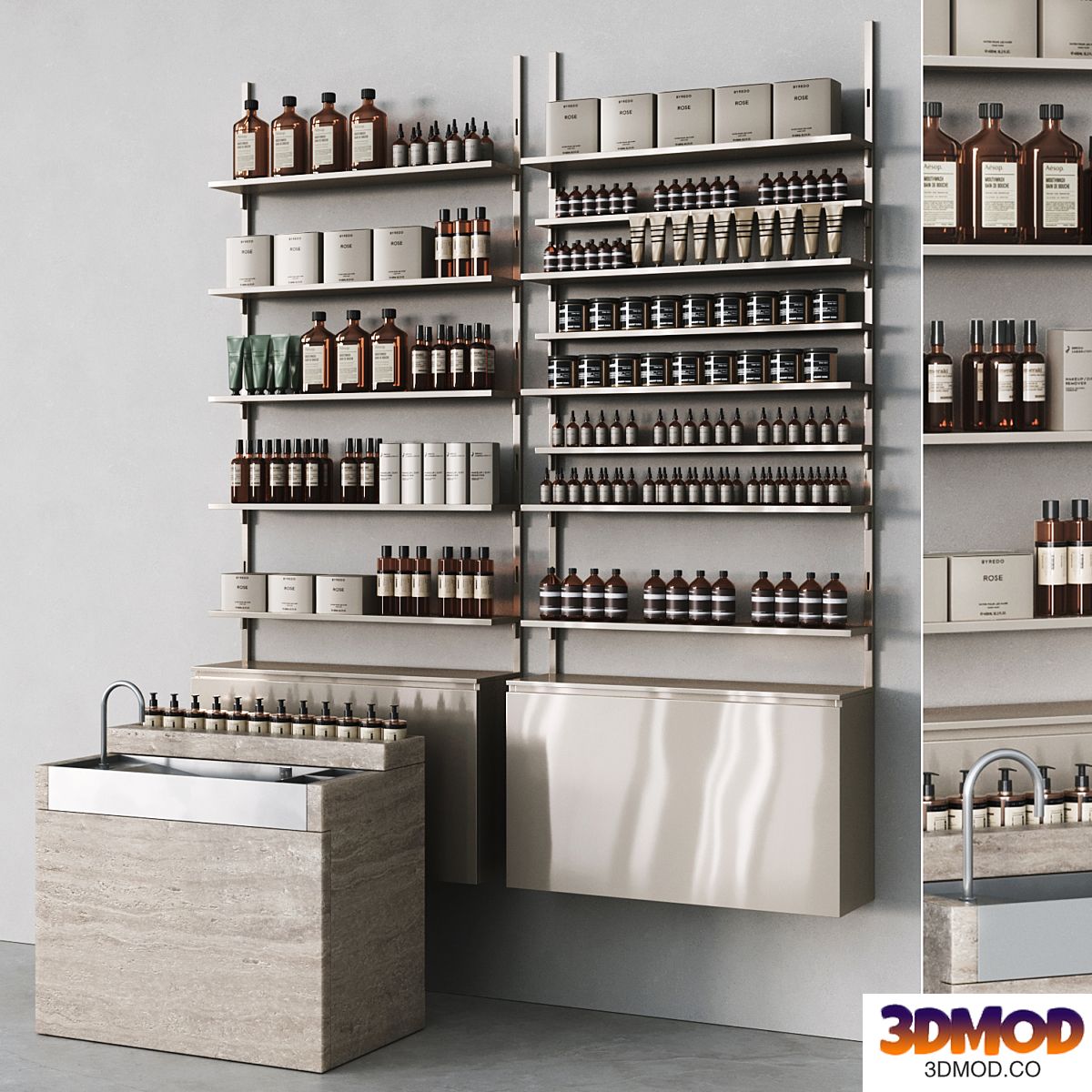 Cosmetic set with metal shelving and washbasin