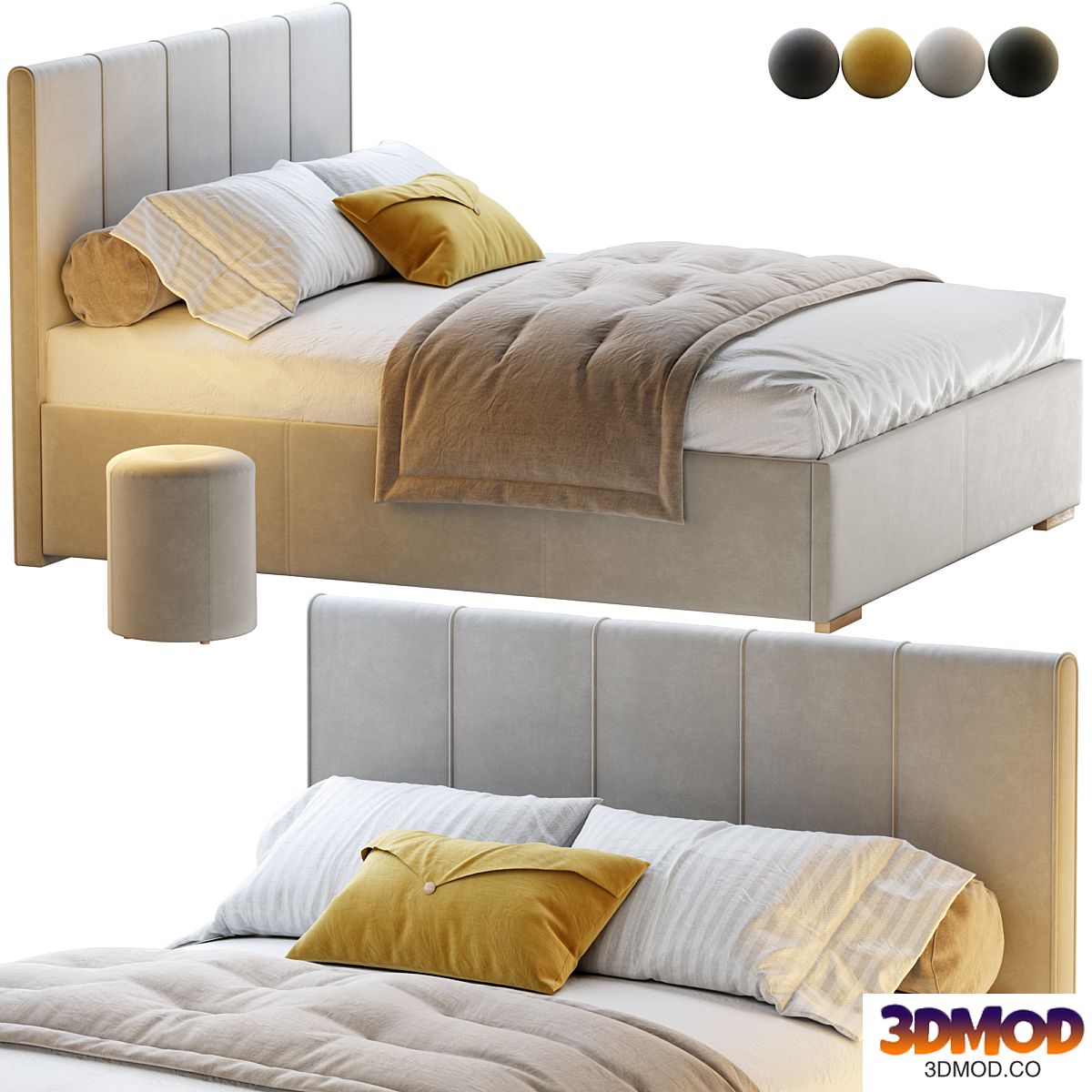 Bed Sharon 160 Velvet Milk / olive / yellow / gray with pouffe Kofi Divanru
