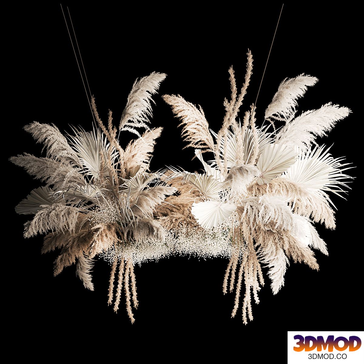 Installation suspension of white dried flowers, branches of pampas grass, dry reeds, wedding decor. 257.