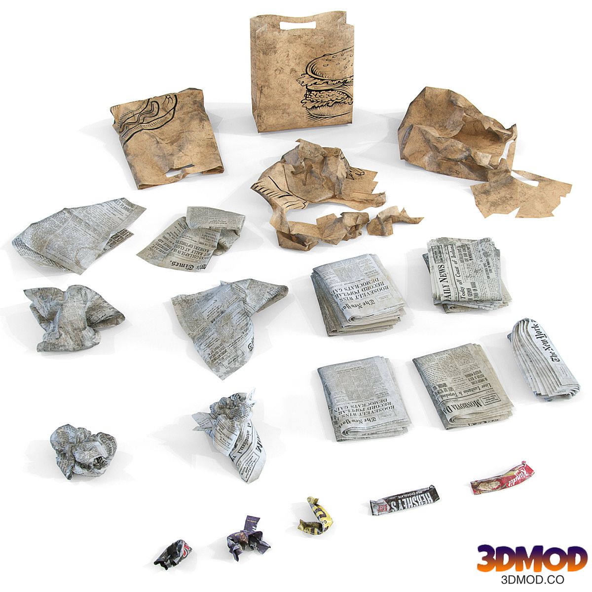 Newspaper, wrappers and bag