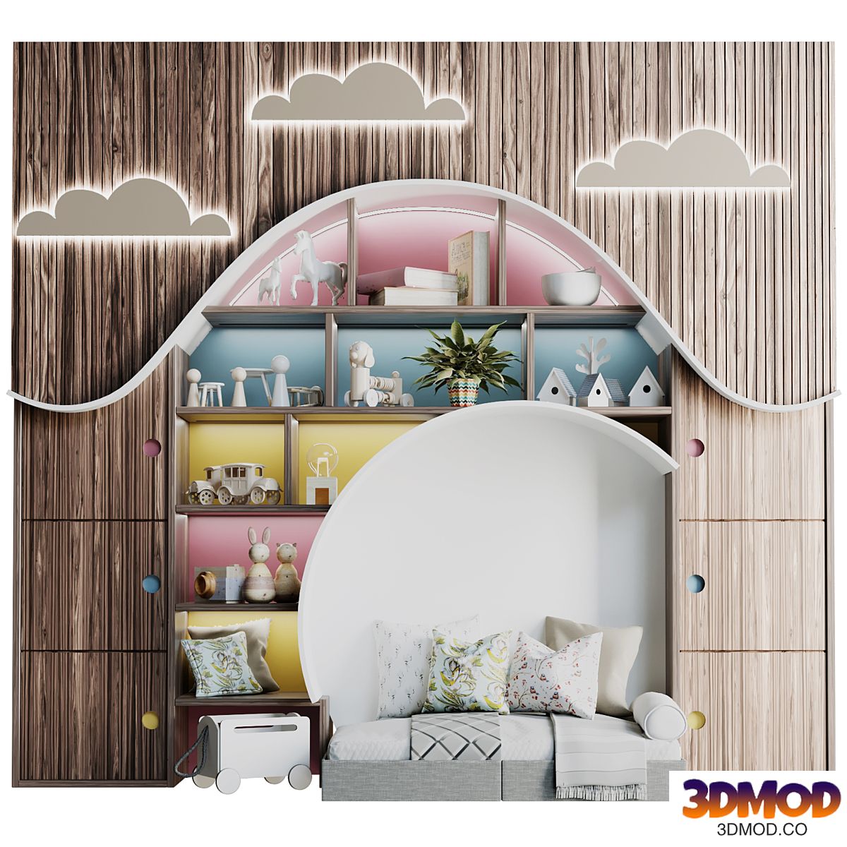 Children's wardrobe with toys and a bed