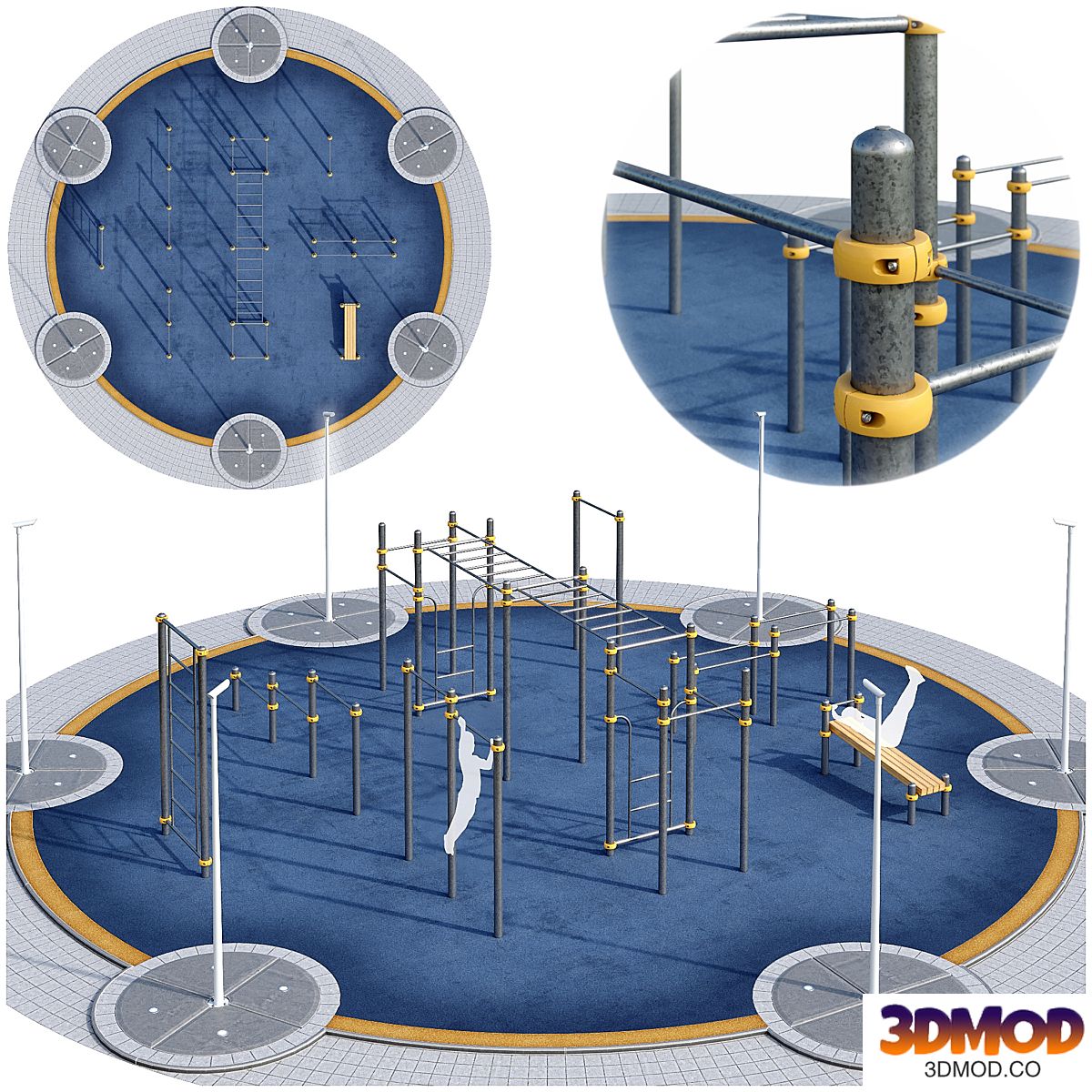Round sports ground with horizontal bars. Children  playground