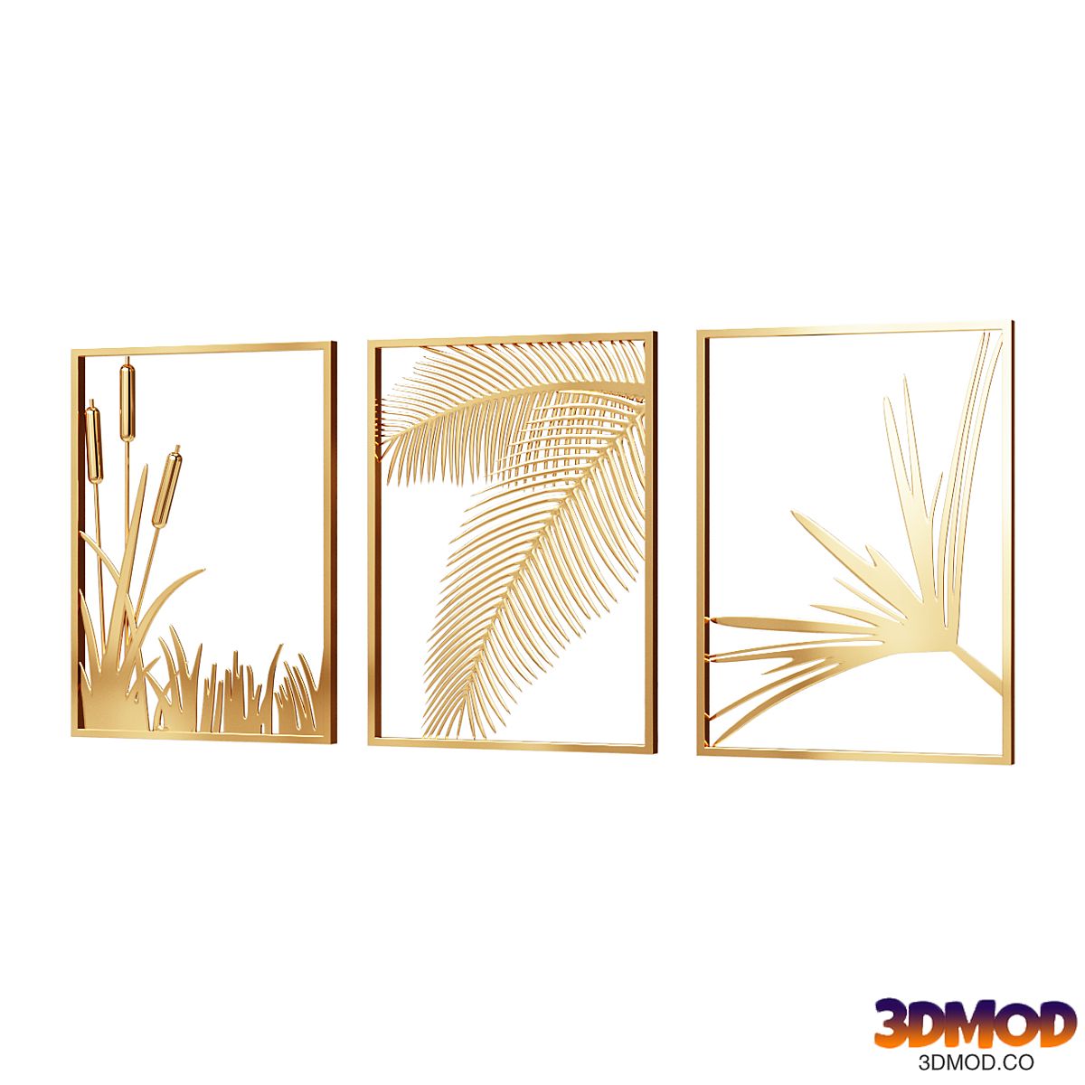 Wall Picture 3 Pieces Modern Gold Metal Wall Decor Plant Art with Rectangle Frame Wall Decor