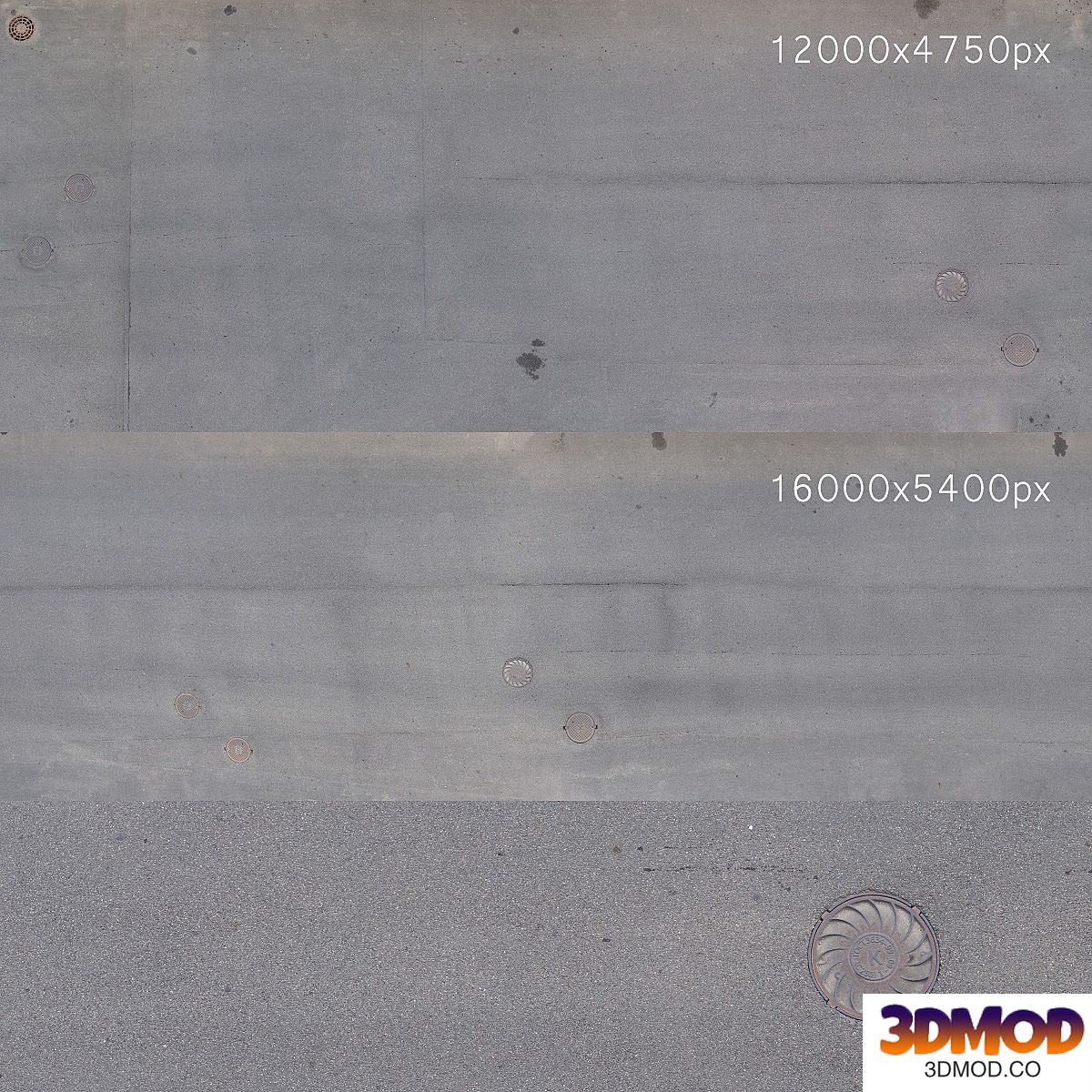 Textures of the asphalt road with manholes. 2 pcs