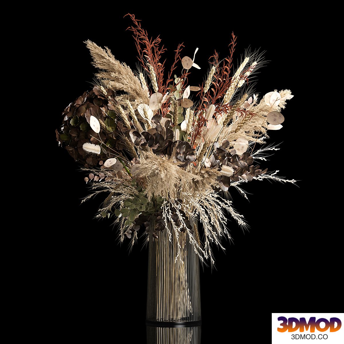 Bouquet in a glass vase made of dried flower, hydrangea, pampas grass, reed, cortaderia, moonflower, wheat, spikelet. 259.