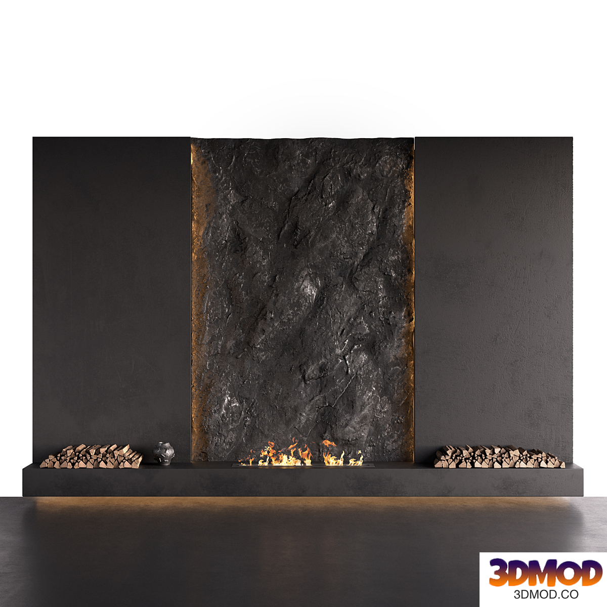 Decorated rock wall with fireplace