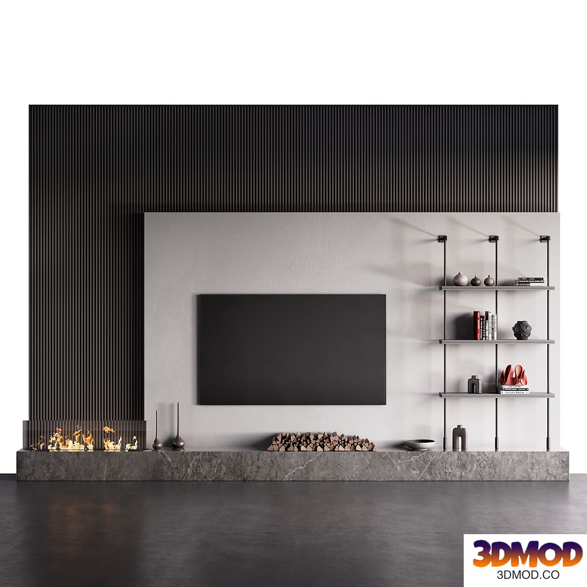 Decorated TV wall with fireplace
