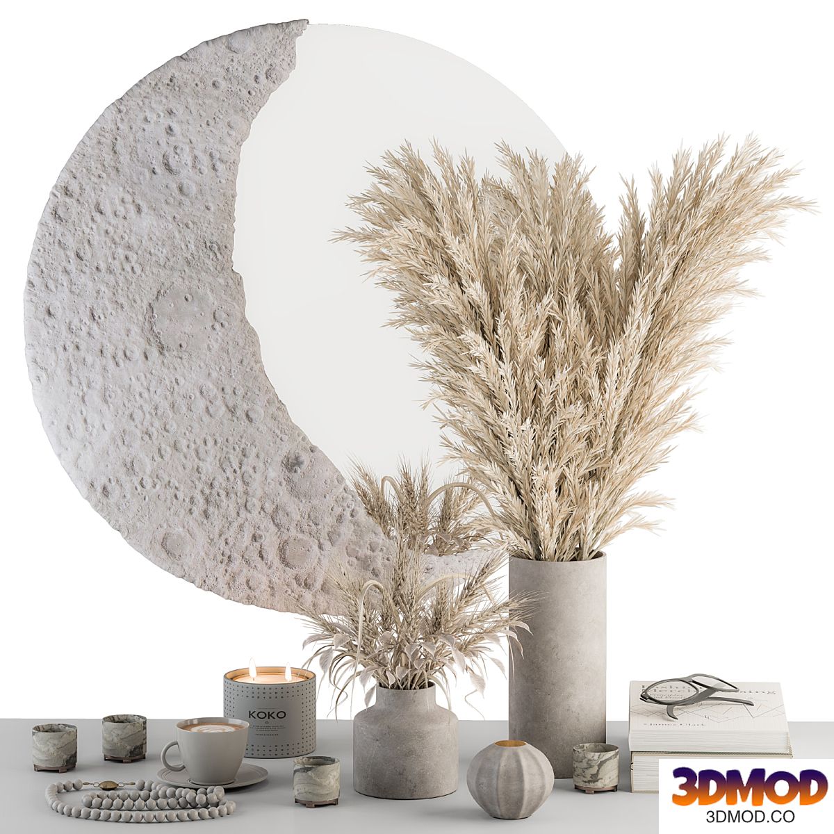 Decorative Set moon mirror with Dried Plant - Set 100