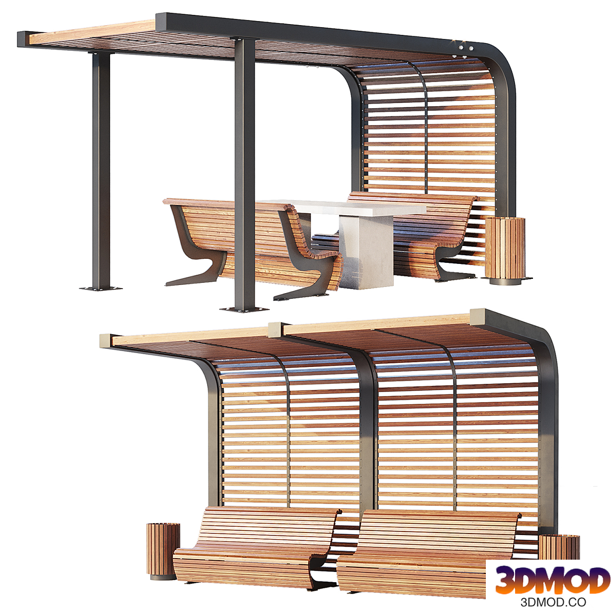 Benches, pergola, urn