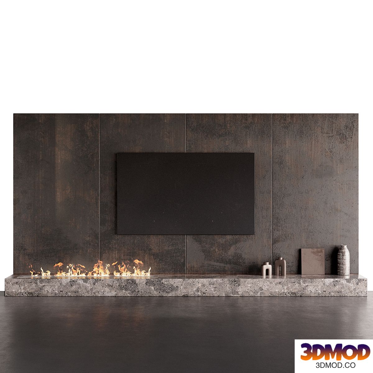Decorated TV wall with fireplace