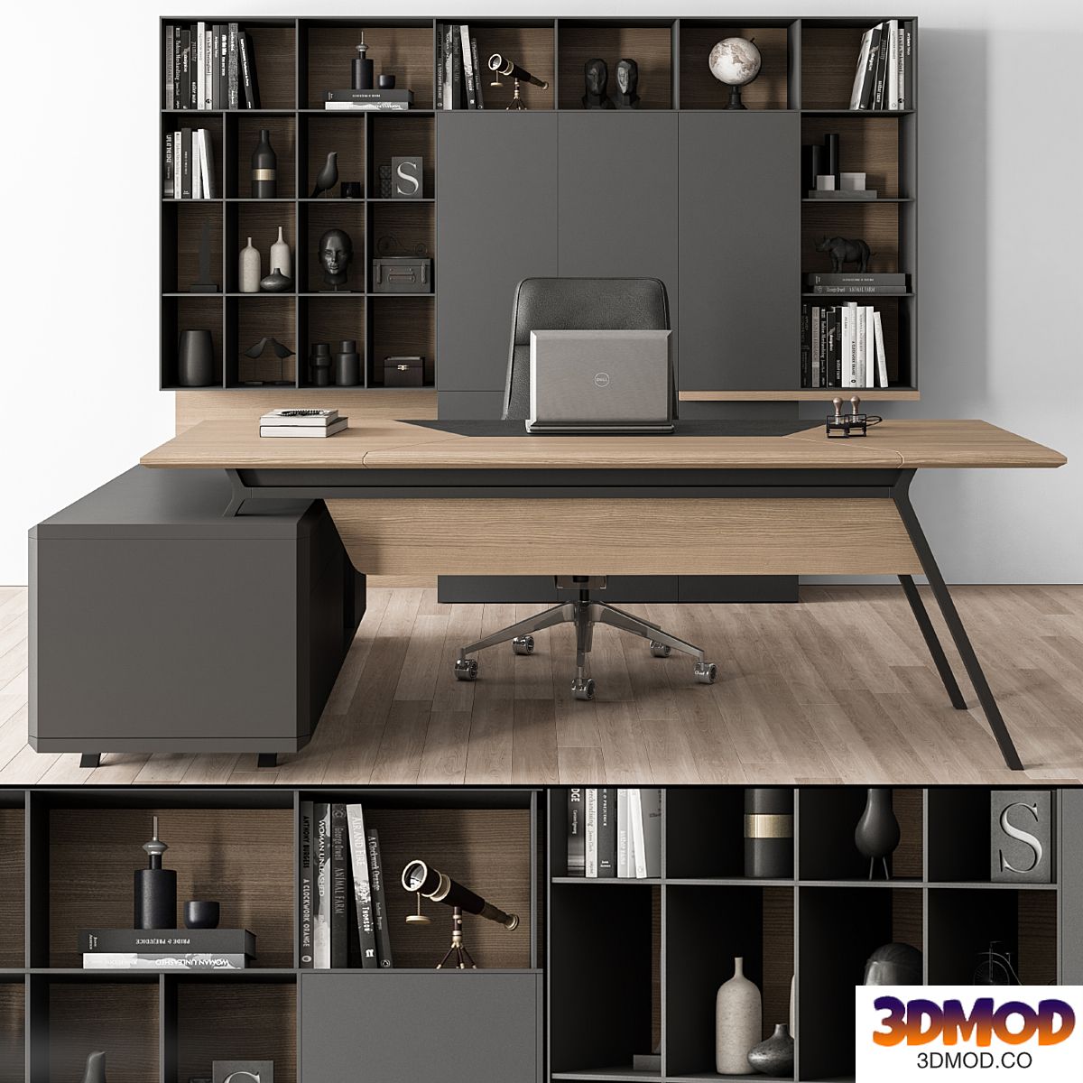 Manager Desk and Library Wood and Black - Office Furniture 266