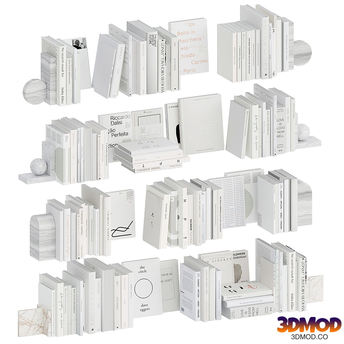 A set of white books with bookends