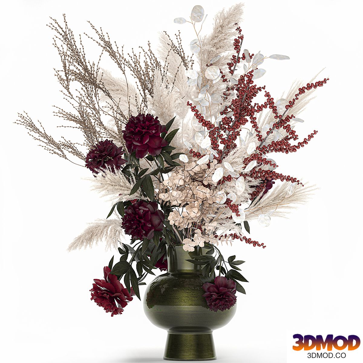 Bouquet 235. Dried flowers, pampas grass, moonflower, branches, reeds, luxury vase, decor, white, peony, Ilex, Holly, SOLIDAGO