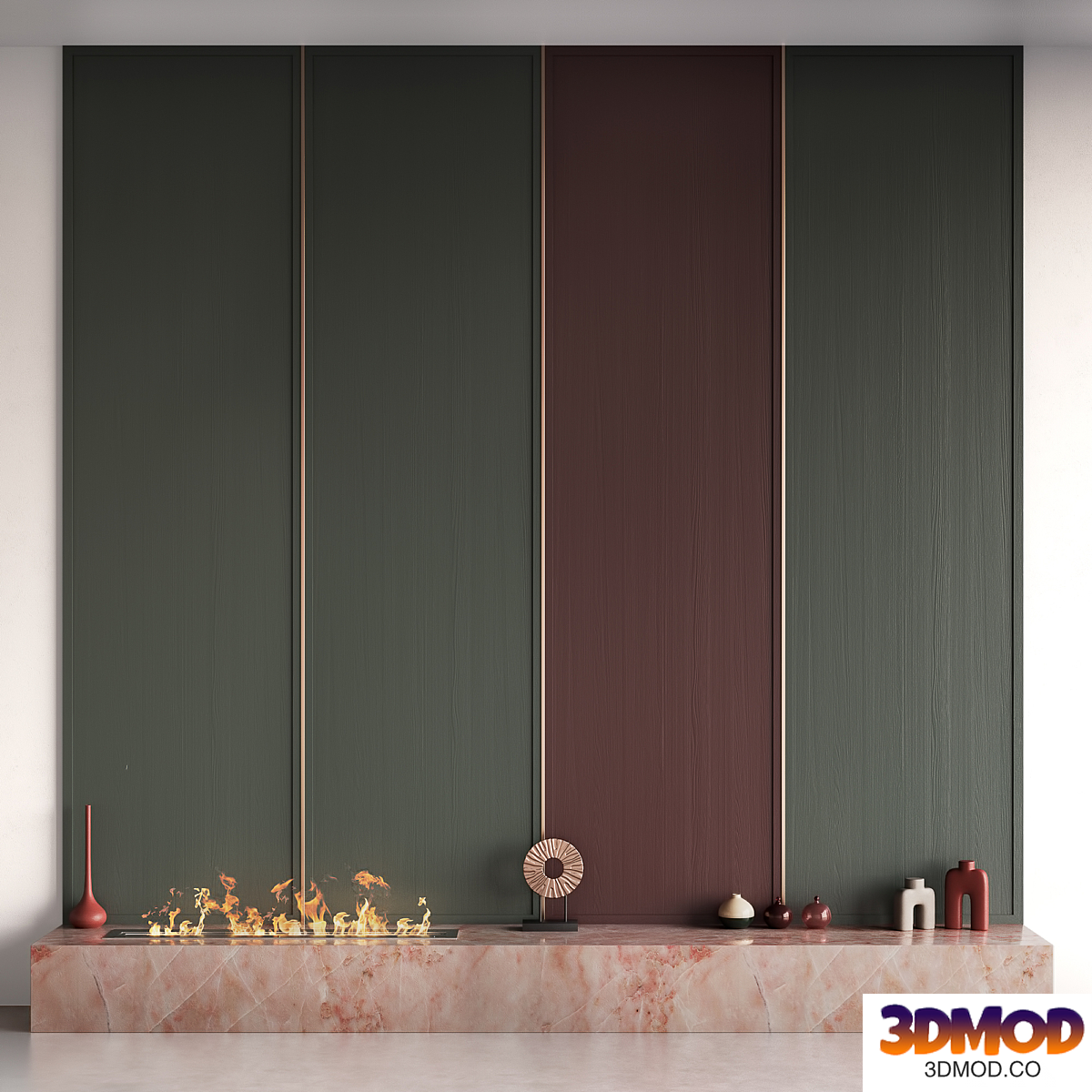 Decorated wall with fireplace