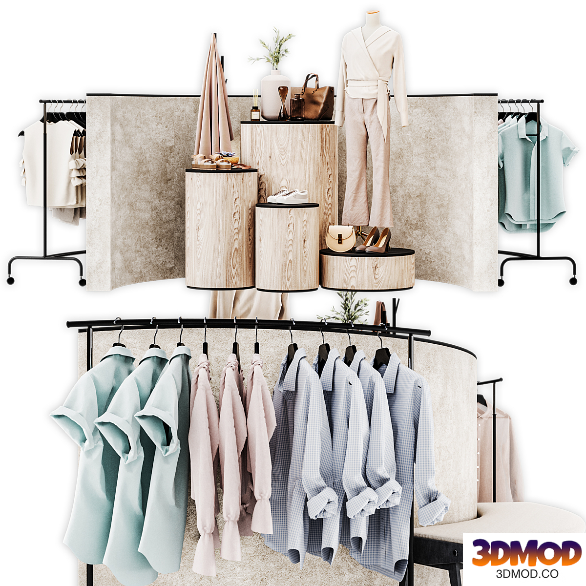 Center of the hall in a clothing store stand composition for displaying goods mannequin