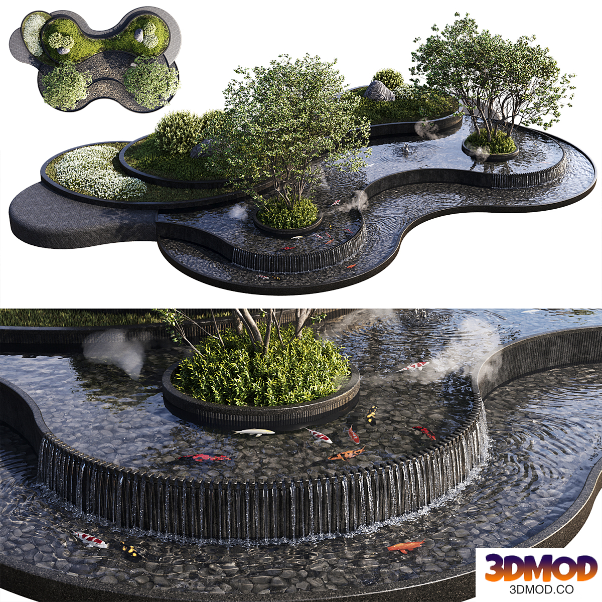 Landscaping Figure with Plants Waterfalls and Fish 1