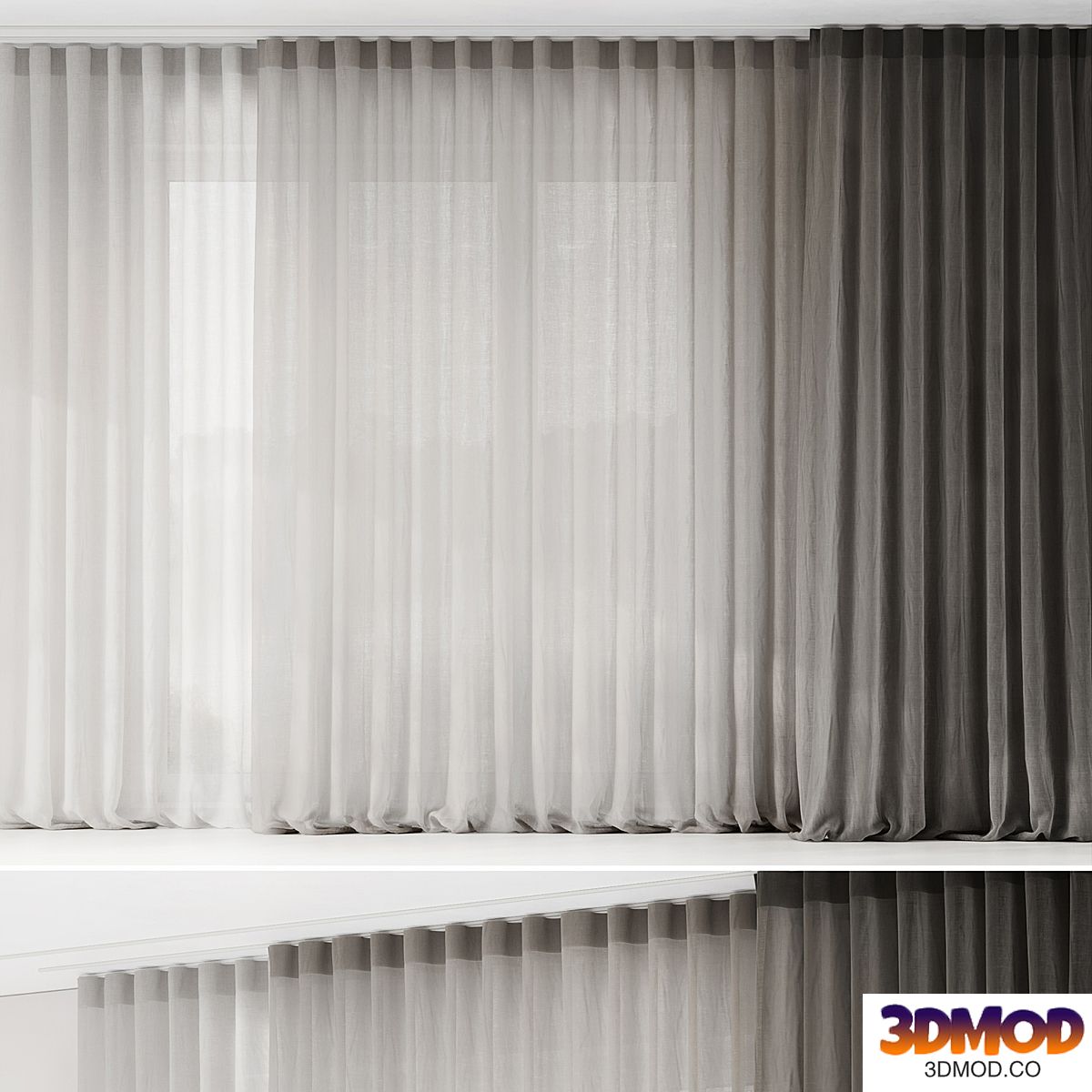 Curtains with folds on the floor of fine linen on the ceiling cornice