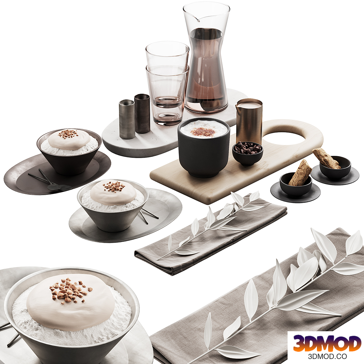 429 eat and drinks decor set 07 desserts with latte and water carafe