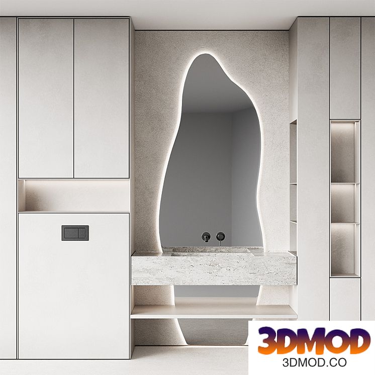 Bathroom furniture set 8. Monochrome grey. Curved mirror shape. Stone sink. Wall-mounted faucet.