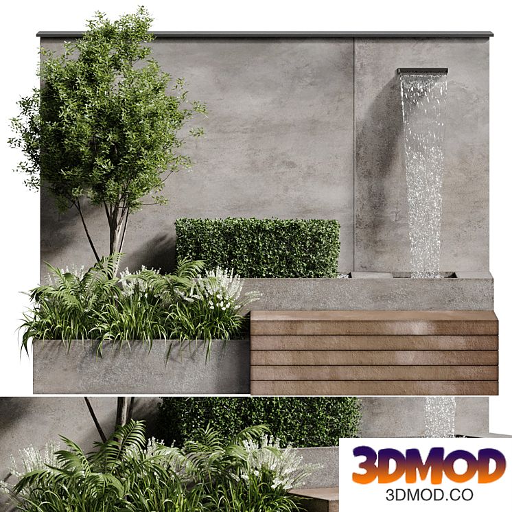 Fountain with bench and plant