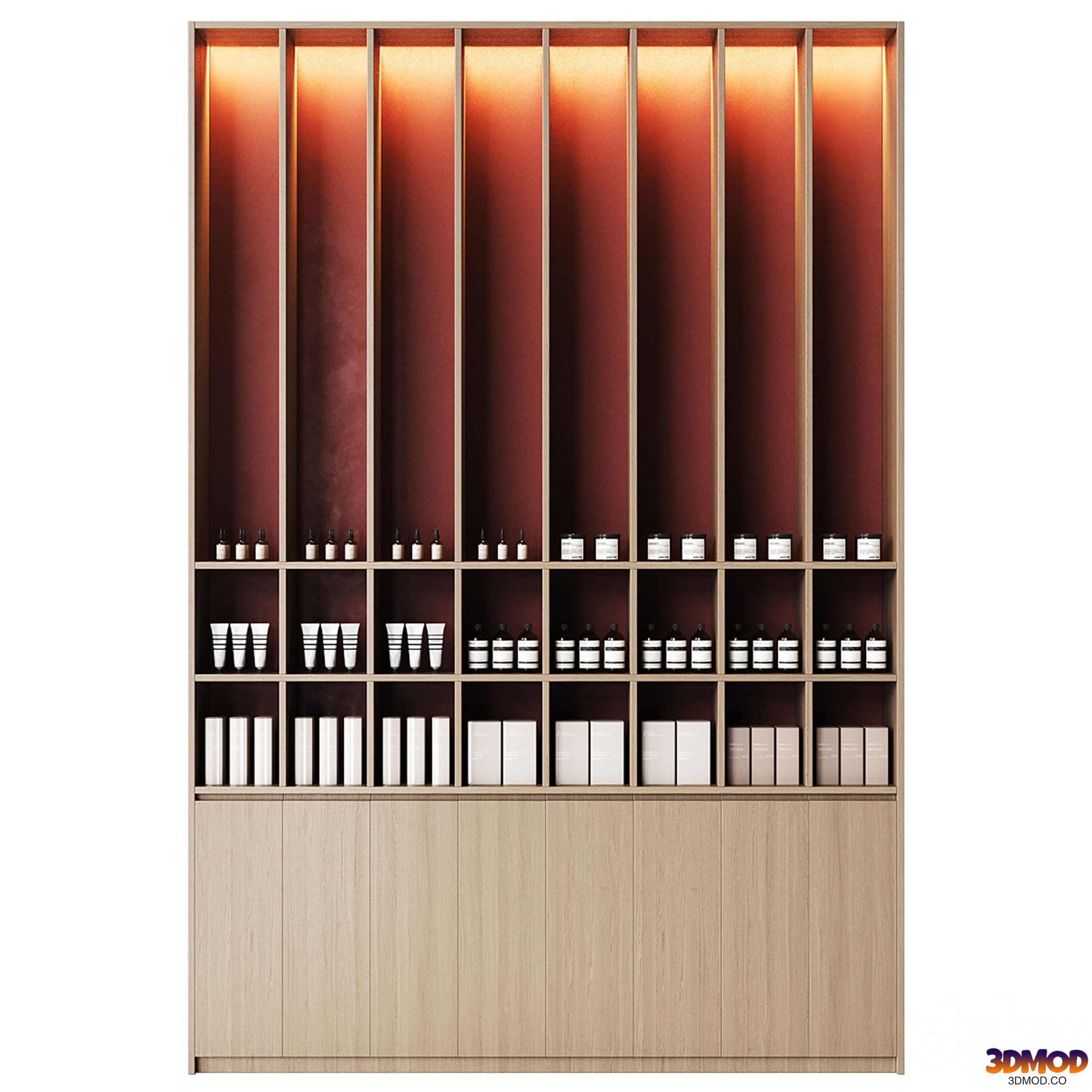 Cosmetics store cabinet with high shelves