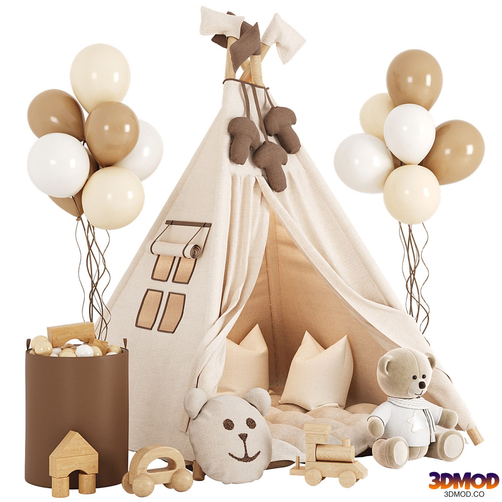 Decor for a children's room with a teepee and balloons