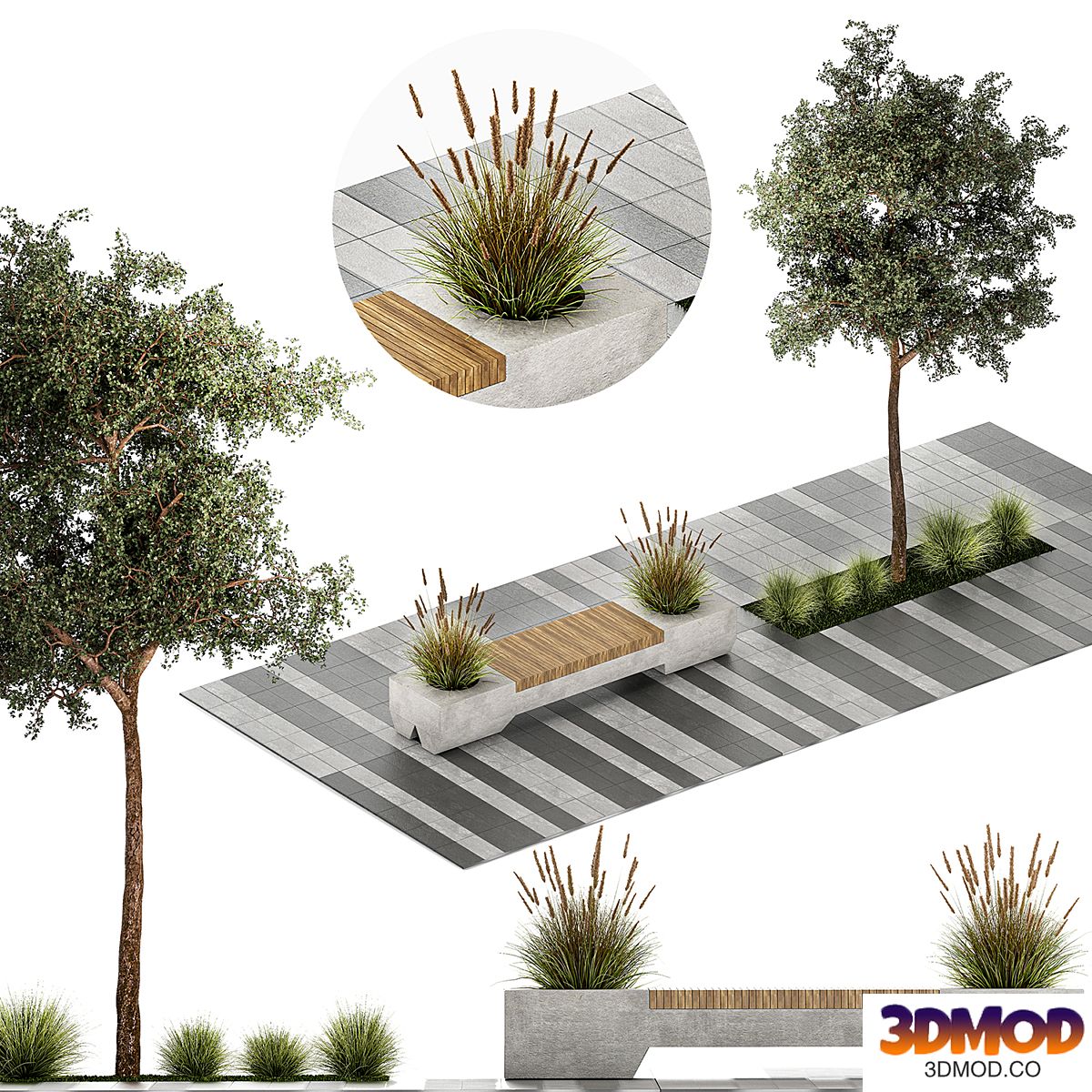 An element of the urban environment with paving slabs, a bench, a flower bed with bushes and a tree. Collection 1146.