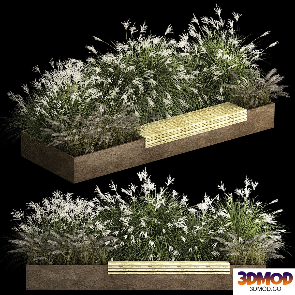 Flowerbed bench with bushes made of feather grass grass for the urban environment, bench. 1138