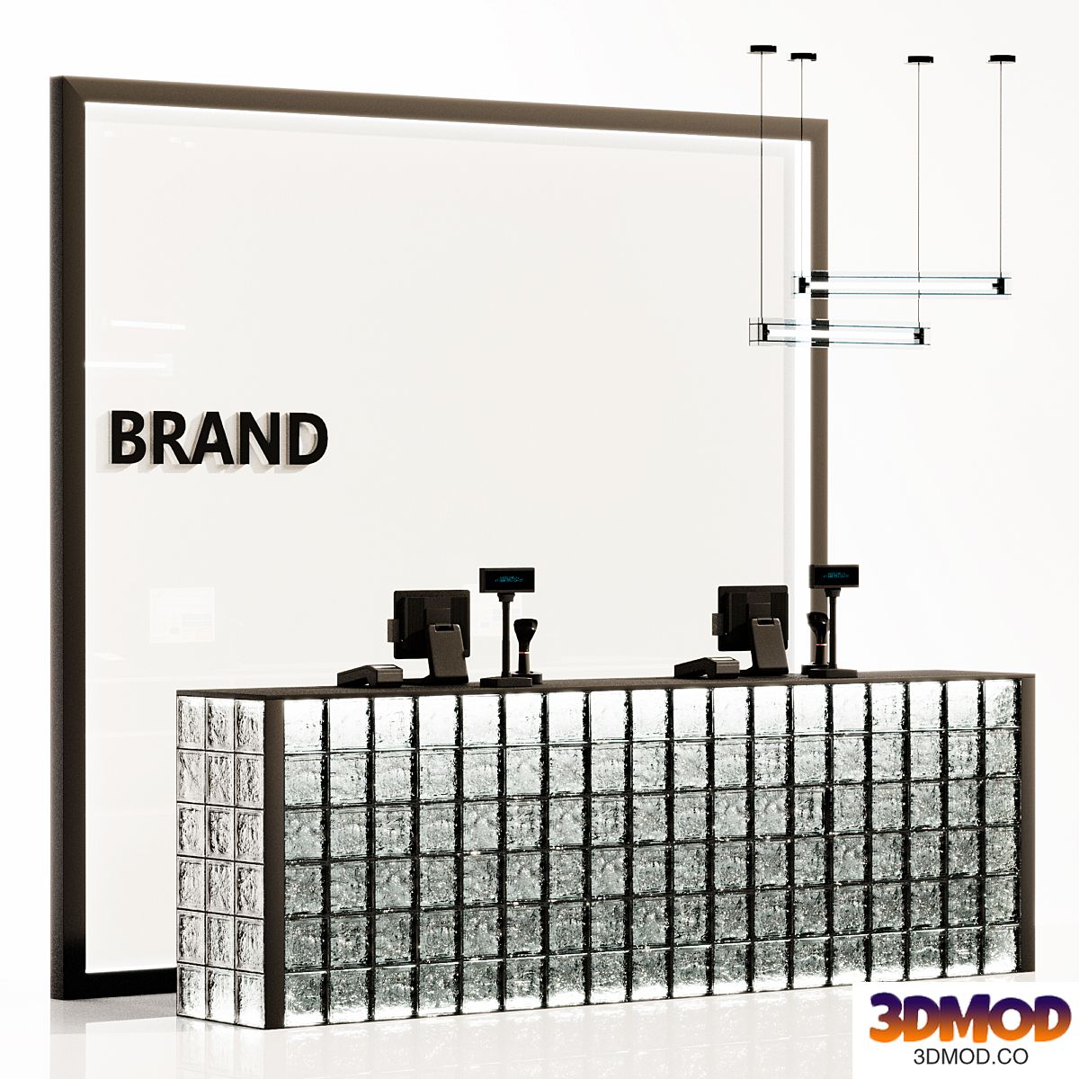 Glass block reception, clothing store cash register, service counter