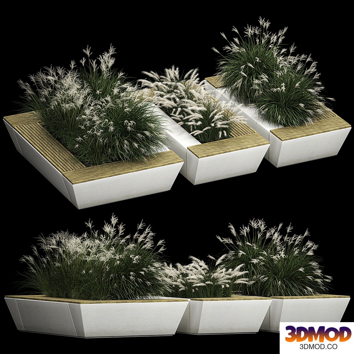 Concrete flower bed bench with bushes from Miscanthus and feather grass grass for the urban environment, bench. 1133.