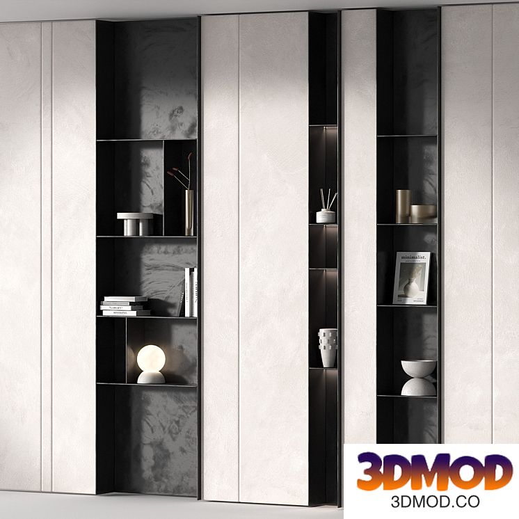 Rack set. Built in wall black white rack shelving.