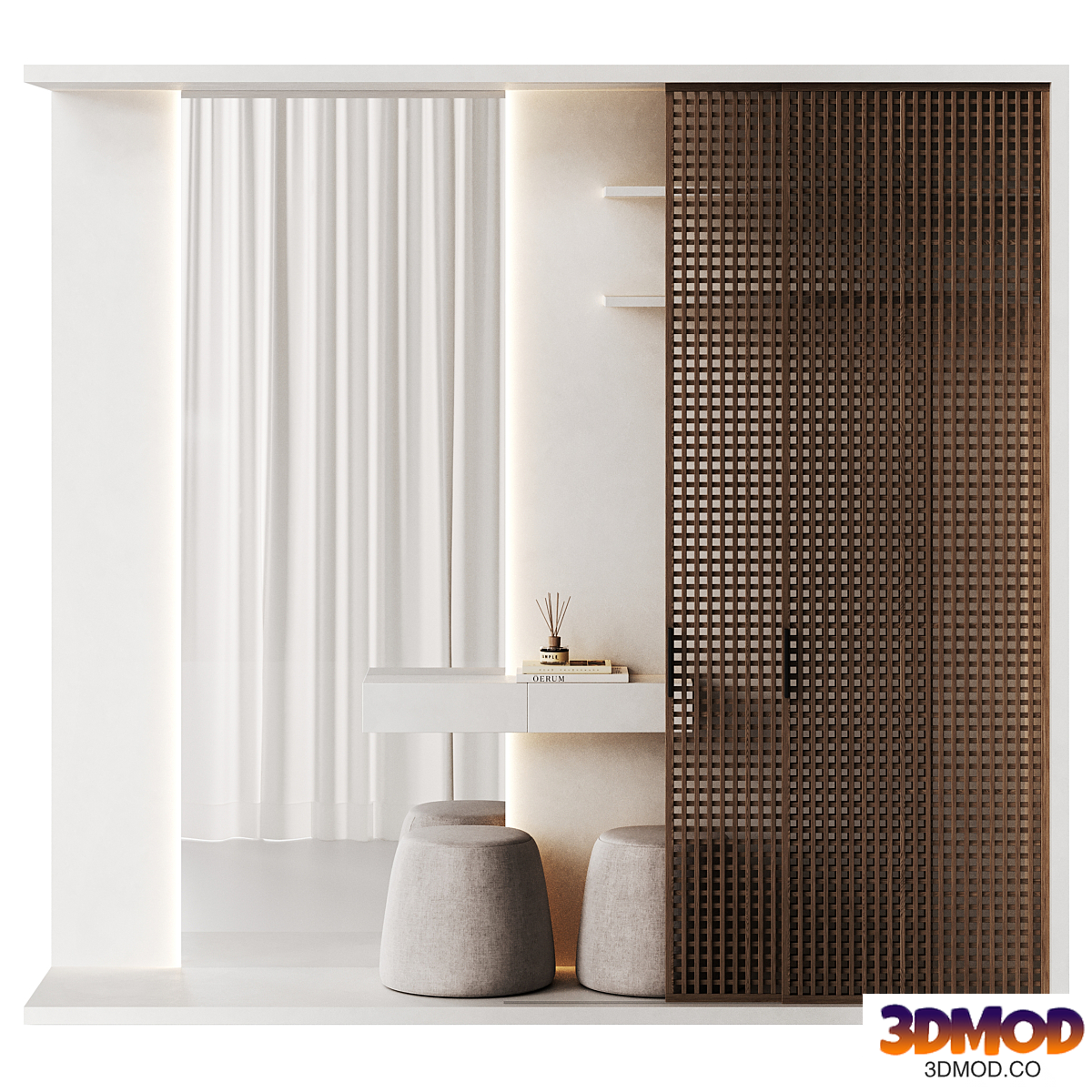 The hallway area with a large mirror and a lattice partition for a closet